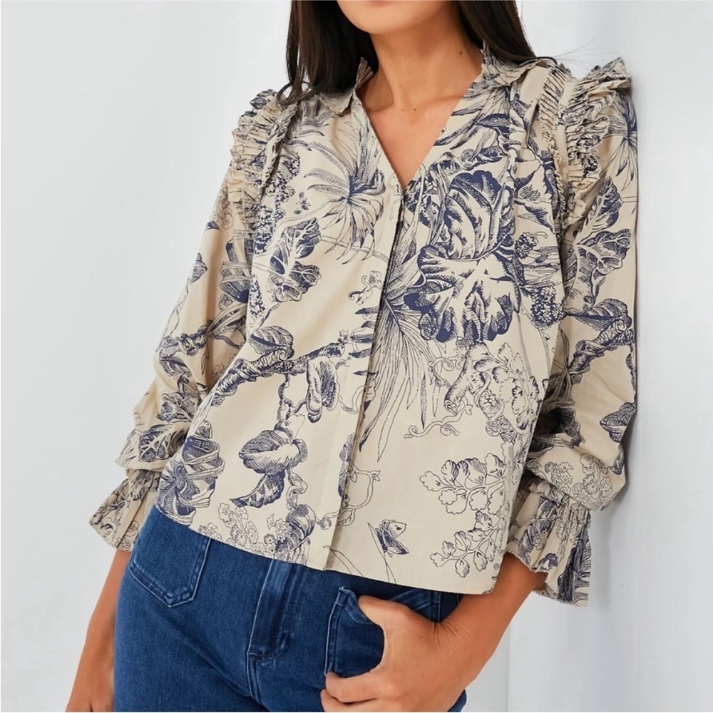 LOVE THE LABEL jessie top in yaffe/ecru cotton poplin size small like new